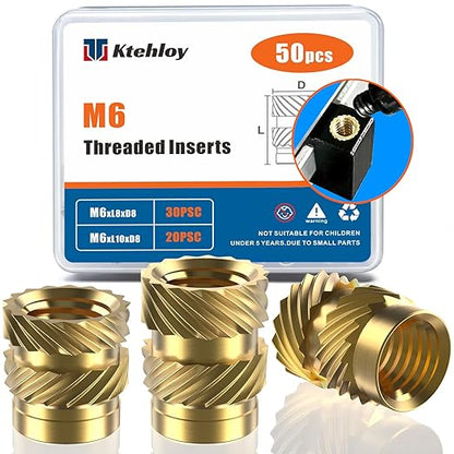 50Pcs M6 Threaded Inserts, M6 Female Thread Metric Knurled Nuts Assortment Kit, Brass Heat Set Insert for Plastic and 3D Printing Components (M6x8x8, M6x10x8)