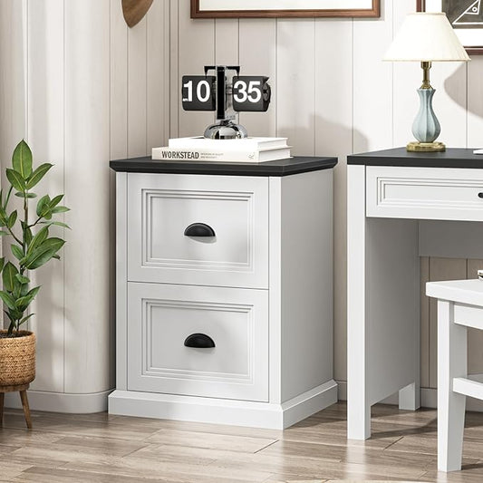 Vertical File Cabinet, Filing Cabinet with 2 File Drawers, Farmhouse Small File Cabinet Fits Letter/A4 Size, Wooden Printer Stand, Under Desk Cabinets for Home Office, White and Black