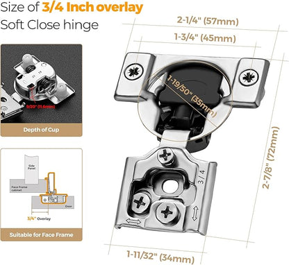 Ravinte 50 Pack 25 Pairs 3/4 inch Overlay Soft Close Hinges for Kitchen Cabinet Hinges Satin Nickel Hidden Hinges Stainless Steel Concealed Hinge self Closing