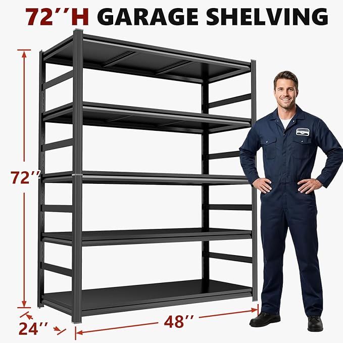 Garage Shelving Black 5-Tier Heavy Duty Shelves 2800Lbs, Adjustable Metal for Warehouse Basement(72”H×47.25”W×23.6”D)