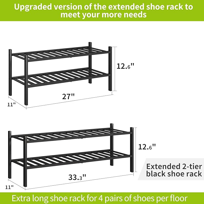 BMOSU 2-Tier Bamboo Extended Shoe Rack Premium Stackable Shoe Shelf Storage Organizer for Hallway Closet Living Room Entryway Organizer (Black Bamboo)