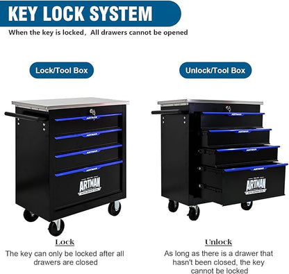 4-Drawer Rolling Tool Chest with Stainless Steel Countertop,Tool Chest with Secure Locking System,Mobile Storage Tool Cabinet with 360°Wheels and Padded Feet,for Home, Garage (Black+Blue)