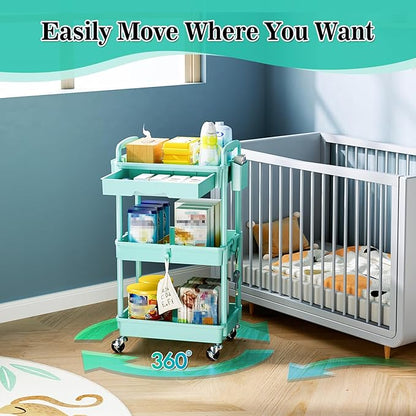 3-Tier Rolling Cart with Drawer & Lockable Wheels, Bathroom Storage Organizer Multifunctional Rolling Storage Cart for Bathroom, Kitchen, Office, Craft, Makeup, Baby Essentials, Blue