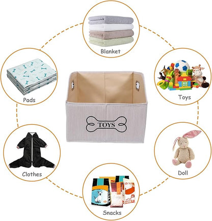 Geyecete Dog Toys Storage Bin With Wooden Handle - Decorative Rectangular Soft Felt Organizer Basket for Pet Supplies - Beige