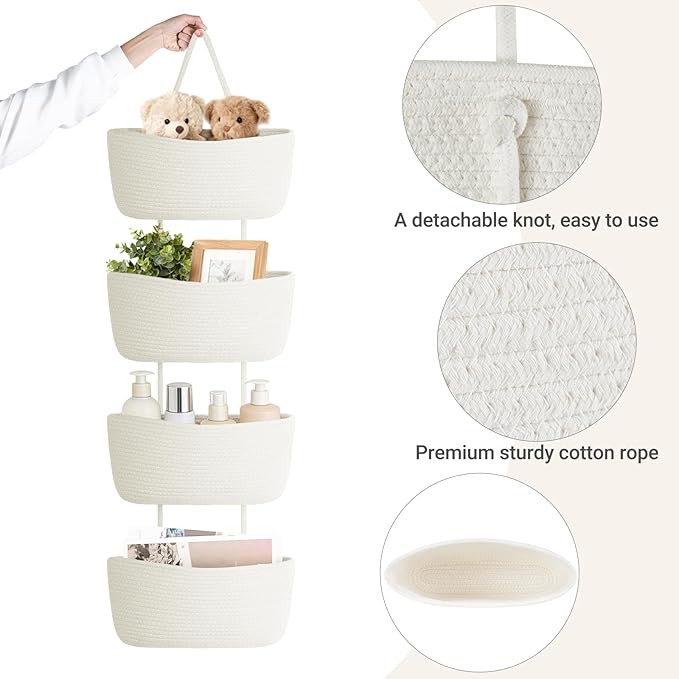 Dahey Over The Door Hanging Basket 4-Tier Woven Boho Wall Mounted Storage Organizer with Hooks for Bedroom Nursery Bathroom Apartments Dorm Pantry Decor, White