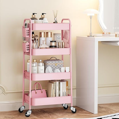 TOOLF 4 Tier Rolling Cart with Pegboard, Metal Storage Organizer Cart with Wheels, Hooks & Bins Esthetician Craft Art Sturdy Storage for Bathroom, Kitchen, Office, Nursery Diaper