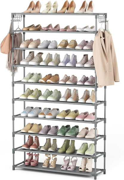 10 Tiers Shoe Rack 50 Pairs Large Capacity Tall Shoe Organizer Sturdy Shoe Storage with Two Hooks Space Saving Metal Wide Shoe Rack for Closet, Entryway, Bedroom, Grey