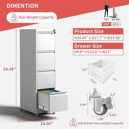4 Drawer Mobile File Cabinet with Lock,White Metal Filing Cabinets with Wheels,Vertical File Cabinet for Home Office,Heavy Duty Rolling Storage Cabinet for A4/Letter/Legal Size,Assembly Required