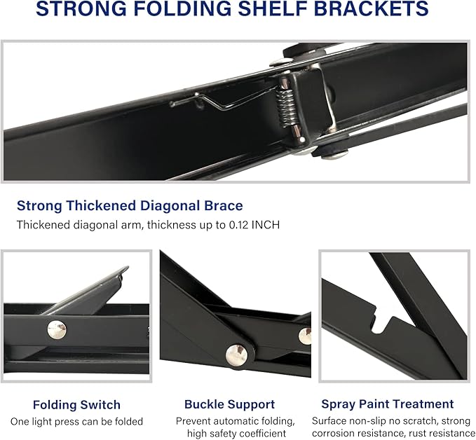 Folding Shelf Brackets,Wall Mounted Shelf Brackets,Heavy Duty Shelf Bracket,Black Metal Shelf Brackets for Bendable Table,Space Saving (12 Inch 6 Pcs)