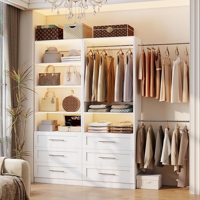 Closet System with 6 Drawers, Wood Closet Organizer System, Walk-in Closet or Small Closet System with Shelves, Modular Closet Systems with 3 Expandable Hanging Rods, 2 Sets, White (4FT)