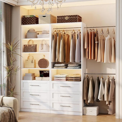 Closet System with 6 Drawers, Wood Closet Organizer System, Walk-in Closet or Small Closet System with Shelves, Modular Closet Systems with 3 Expandable Hanging Rods, 2 Sets, White (4FT)