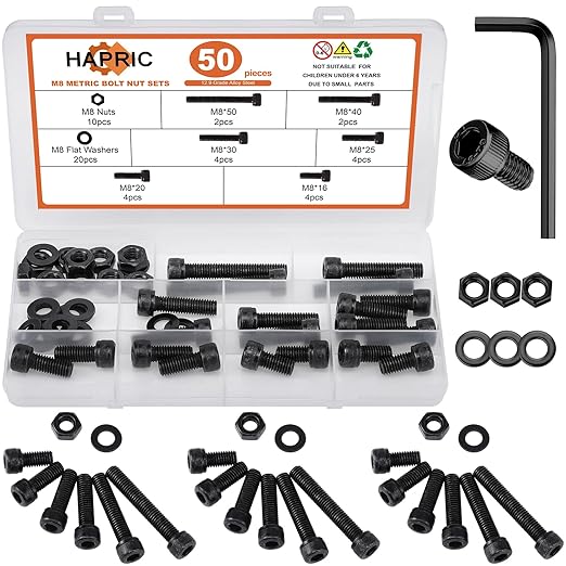 50 Pcs M8 Bolts Kit M8x 16/20/25/30/40/50 mm M8 Screw Kits, 12.9 Alloy Steel Black Zinc Plated Hex Socket Head Screws Nuts Bolts and Washers Set