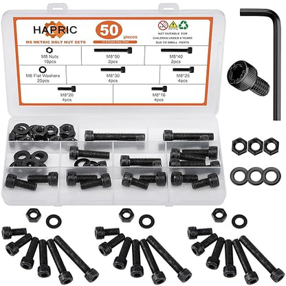 50 Pcs M8 Bolts Kit M8x 16/20/25/30/40/50 mm M8 Screw Kits, 12.9 Alloy Steel Black Zinc Plated Hex Socket Head Screws Nuts Bolts and Washers Set