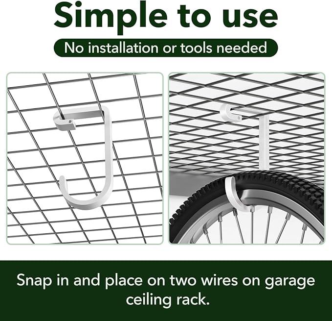 Thickened Hooks for Overhead Storage Racks,Garage Hooks for Ceiling,Add-On Storage Hook for Garage Ceiling Rack Wall Shelving,Heavy Duty Hanging Bike Hooks, Bike Hangers Bicycle Hooks 4 Pack, White