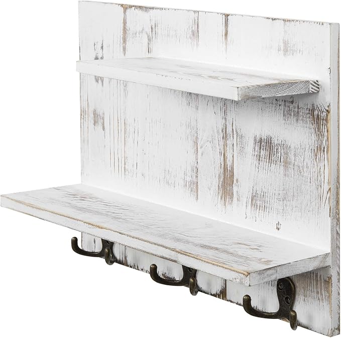MyGift 2 Tier Wall Mounted Shabby White Washed Solid Wood Bathroom Storage Shelves, Decorative Entryway Floating Shelf Rack with 6 Hooks for Hanging Towels