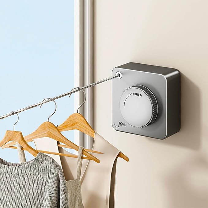 Retractable Clothesline Indoor, Non-Sagging Outdoor Clothes Drying Line Retracting Heavy Duty Clothes Drying Laundry Line Wall Mounted Stainless Steel Line - 15.6 Feet (1, Gray)