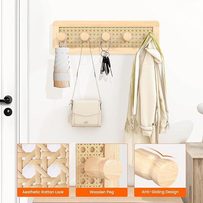 Homode Wooden Wall Hooks, Wall Mounted Coat Rack for Entryway, Boho Wood Pegs for Hanging Coats and Hats, Decorative Coat Hanger Purse Holder for Towel Key Jacket Bag Leash Cap