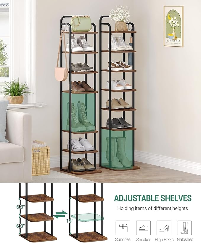 8 Tiers Vertical Shoe Rack, Narrow Shoe Tower, Tall Shoes Shelf with 2 Hooks, Adjustable Shelves, Corner Shoes Shelves for Small Spaces, Entryway, Living Room, Rustic Brown SR04301B