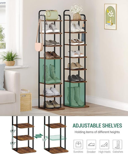 8 Tiers Vertical Shoe Rack, Narrow Shoe Tower, Tall Shoes Shelf with 2 Hooks, Adjustable Shelves, Corner Shoes Shelves for Small Spaces, Entryway, Living Room, Rustic Brown SR04301B