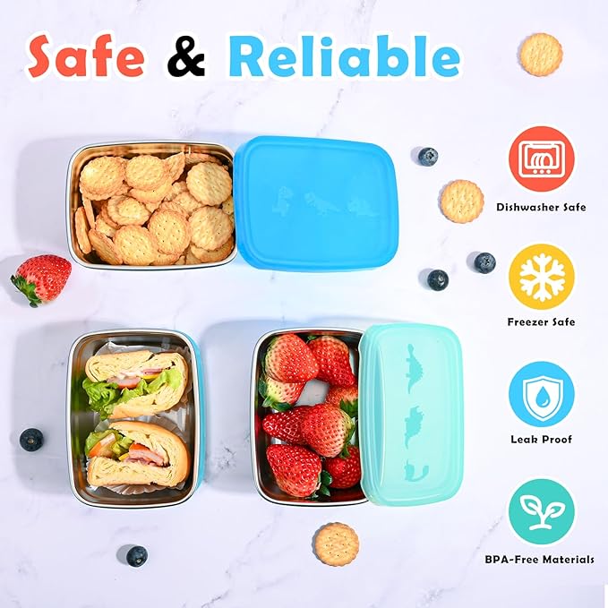 3-Pack Stainless Steel Snack Containers for Kids & Toddlers - 550ml (18oz) Leakproof Colorful Lids with Cute Dinosaurs | LFGB Certified, Stackable Metal Lunch Box for Daycare, School, Travel