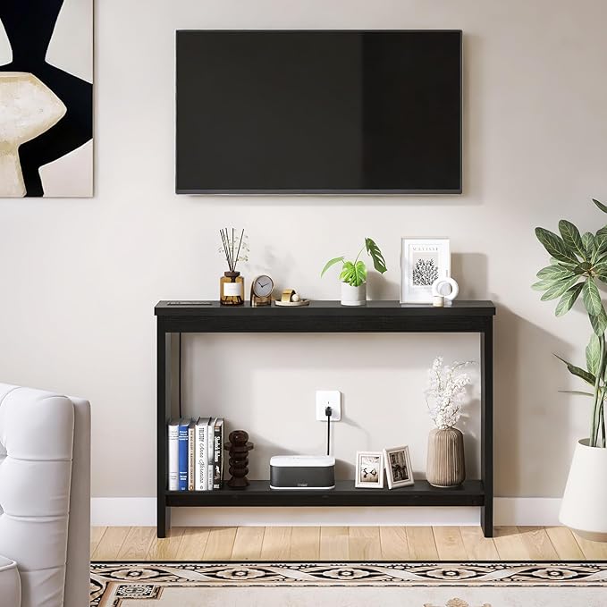ZGREN Narrow Sofa Table with Outlet, USB Ports and Charging Station - Skinny Console Table for Living Room and Entryway, Black