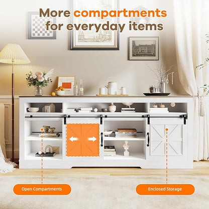 Garvee TV Stand Table for 75 in Television, Media Console Table with Open Storage, Power Outlets, Barn Doors, Entertainment Center with Adjustable Shelves for Home & Office, 66 in Width, White