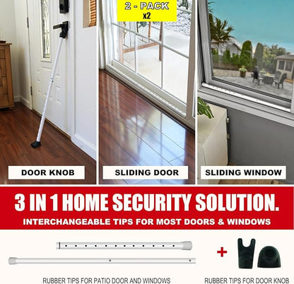 SECURITYMAN 3-in-1 Door Security Bar & Sliding Patio Door Security Bar (2 Pack) via Interchangeable Caps - Heavy Duty Iron Door Stoppers for Home, Apartment, Travel Hotel, Sliding Windows - White