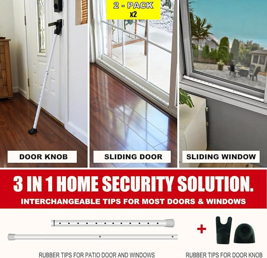 SECURITYMAN 3-in-1 Door Security Bar & Sliding Patio Door Security Bar (2 Pack) via Interchangeable Caps - Heavy Duty Iron Door Stoppers for Home, Apartment, Travel Hotel, Sliding Windows - White