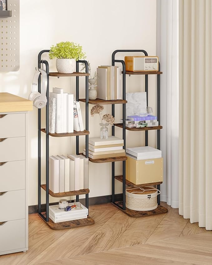 6 Tiers Vertical Shoe Rack, Narrow Shoe Tower, Tall Shoes Shelf with 2 Hooks, Adjustable Shelves, Corner Shoes Shelves for Small Spaces, Entryway, Living Room, Rustic Brown SR04201B