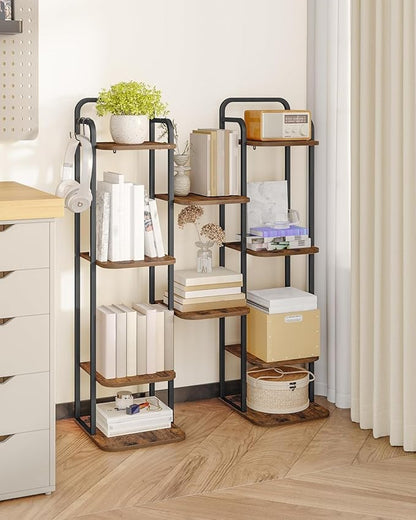 6 Tiers Vertical Shoe Rack, Narrow Shoe Tower, Tall Shoes Shelf with 2 Hooks, Adjustable Shelves, Corner Shoes Shelves for Small Spaces, Entryway, Living Room, Rustic Brown SR04201B