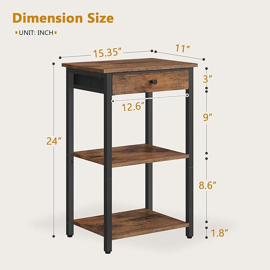 Printer Stand with Storage Drawer, 3-Tier Under Desk Printer Table, End Table for Home Office, Living Room, Bedroom, Brown