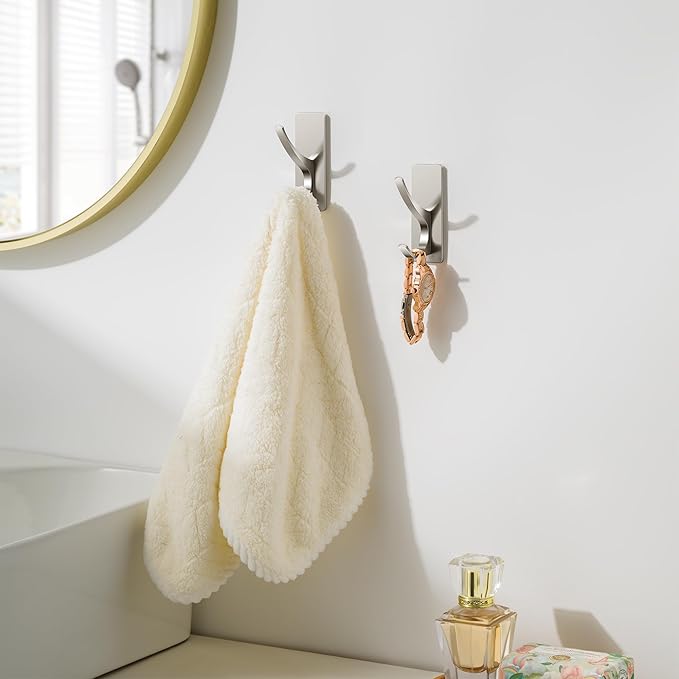 Self Adhesive Towel Hooks: Extra Strong 13LB, Stainless Hook for Hanging Loofah, Towels, Coat, Bath Robe Bathroom Shower, Brushed Nickel, 4 Pack