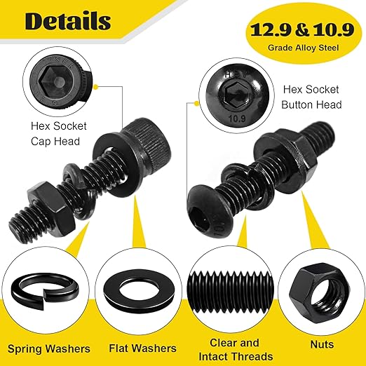 2300PCS M3 Screws with Nuts Assortment Kit, M3x4/6/8/12/16/20/25/30/35 mm Hex Socket Button & Cap Head Bolts Nut and Washers Set, 12.9 & 10.9 Grade Black Zinc Plated for DIY, 3D Printer