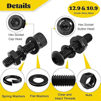2300PCS M3 Screws with Nuts Assortment Kit, M3x4/6/8/12/16/20/25/30/35 mm Hex Socket Button & Cap Head Bolts Nut and Washers Set, 12.9 & 10.9 Grade Black Zinc Plated for DIY, 3D Printer