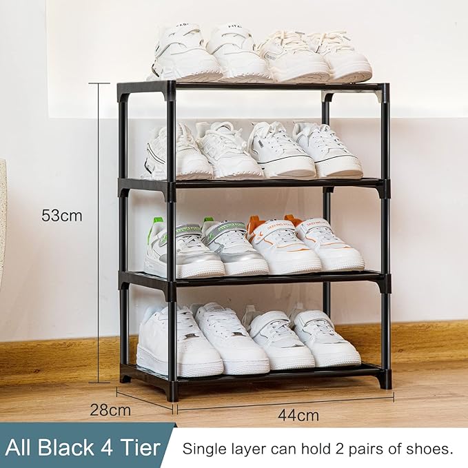 Stackable Small Shoe Rack for Closet 4 Tier, Sturdy Shoe Rack Organizer for Front Door Entrance and Entryway, Free Standing Metal Shoe Shelf Storage for Closet Bedroom Garage Black