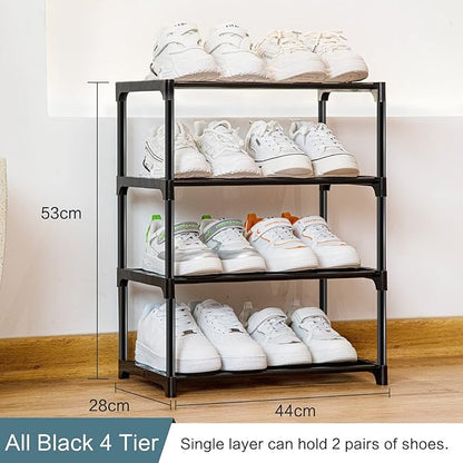 Stackable Small Shoe Rack for Closet 4 Tier, Sturdy Shoe Rack Organizer for Front Door Entrance and Entryway, Free Standing Metal Shoe Shelf Storage for Closet Bedroom Garage Black