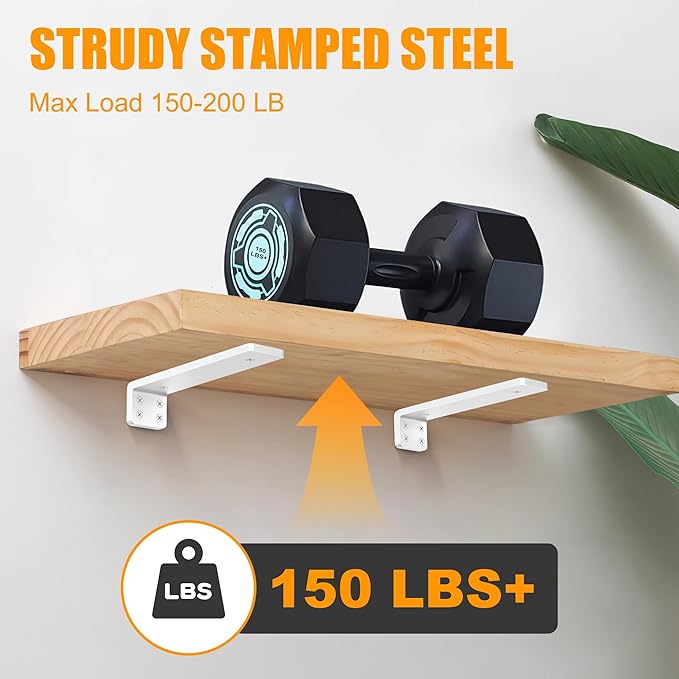 White Floating Shelf Brackets 10 inch, Heavy Duty Wall Shelf Bracket 8 Pack for Shelves Support, Hidden Metal L Brackets with Mounting Hardware (1/5'' Thick)