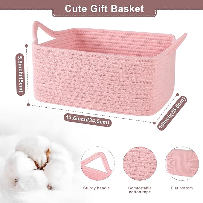 Basket for Gifts Empty, Woven Storage Basket with Gift Bag, Ribbon and Wrap Tissue Paper, Small Rope Toy Storage with Handles for Baby Shower, Dog Toy Organizer, 13.6" x 10" x 5.9”, Pink