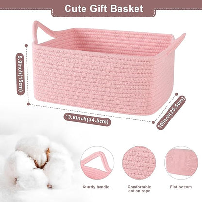 Basket for Gifts Empty, Woven Storage Basket with Gift Bag, Ribbon and Wrap Tissue Paper, Small Rope Toy Storage with Handles for Baby Shower, Dog Toy Organizer, 13.6" x 10" x 5.9”, Pink