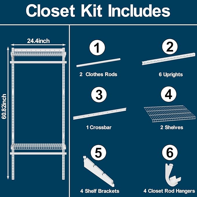 Metal Closet System 2-4FT, Adjustable Wire Shelving, Wall-mounted Closets Kit with Expandable Hanging Rod, DIY Organization Rack for Walk-in/Built-in Wardrobe of Bedroom, Laundry