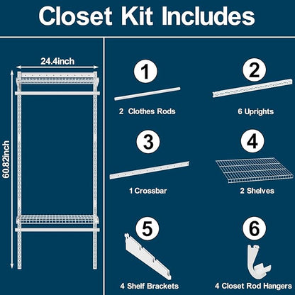 Metal Closet System 2-4FT, Adjustable Wire Shelving, Wall-mounted Closets Kit with Expandable Hanging Rod, DIY Organization Rack for Walk-in/Built-in Wardrobe of Bedroom, Laundry