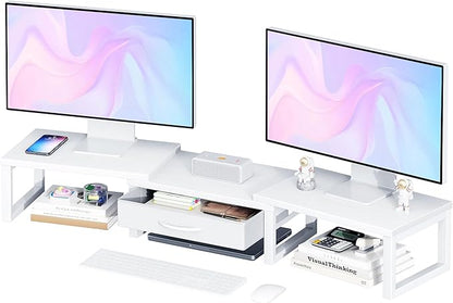 Dual Monitor Stand Riser, Desk Organizers and Accessories with Drawer, Computer Monitor Stands for Desk, Adjustable Desktop Shelf for PC Laptop Printer TV, White