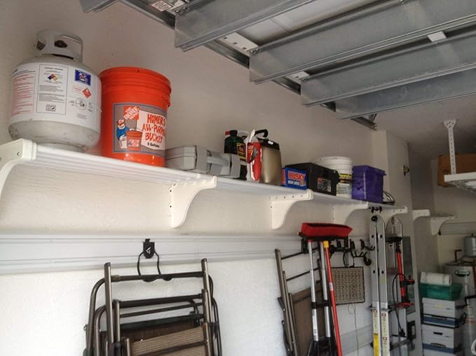 EZ Shelf-Expandable-Garage Shelf- -White- Easy to Install -Strong (up to 250 Lbs)- Wire Shelving Alternative –Wall Mounted Garage Shelf Organizer (White, 63.3"-120")