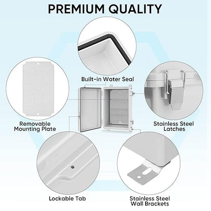 TICONN Outdoor Electrical Box Waterproof, Junction Box IP67 ABS Plastic Enclosure with Hinged Cover with Mounting Plate, Wall Brackets, Cable Glands (Off-White, 10.2"x6.3"x3.9")