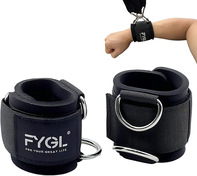 Adjustable Wrist Cuffs for Cable Machines - 7mm Neoprene Padded Straps with D Rings, Heavy Duty Gym Cuffs for Strength Training (Men/Women)