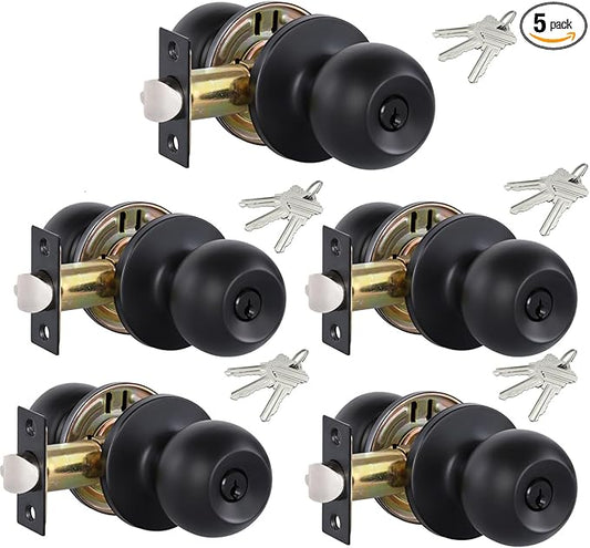 Lanwandeng (5 Pack) Black Door Knobs with Lock and Keys Alike, Interior/Exterior Door Knob for Bedroom or Bathroom, Entry Door Handle Hardware