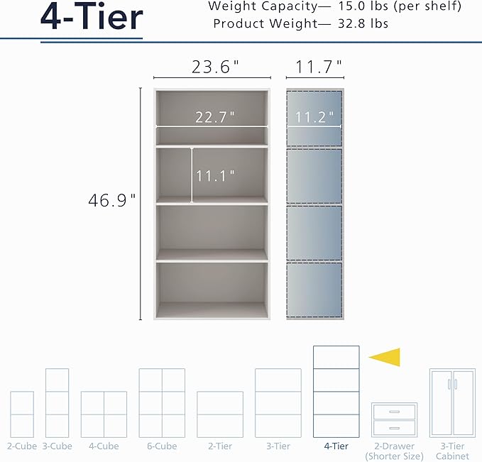 Homes: Inside + Out Apexa 4-Tier Cube Storage Organizer Shelves, Stackable Wood Bookcase Fits Cubby Bins for Organization, Dorm Teen Room Decor & Home Office, Taupe Grey