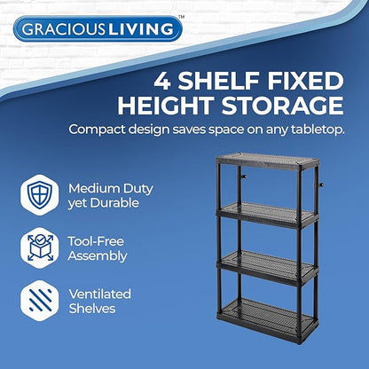 Gracious Living 4 Shelf Fixed Height Ventilated Medium Duty Storage Unit 14 x 32 x 54.5" Organizer System for Home, Garage, Basement, & Laundry, Black