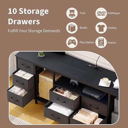 Garvee 10 Drawer Dresser, TV Stand with Fabric Drawers and Power Outlets for 75 70 65 Inch TV, TV Console Table, Entertainment Center with Open Storage Shelves for Living Room, Bedroom, Office, Black