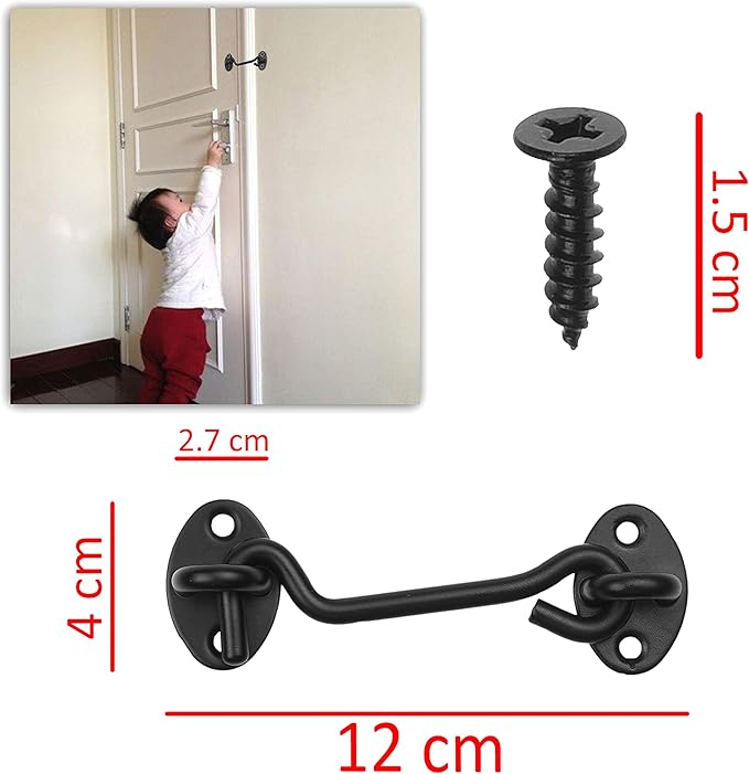 Kare & Kind Hook and Eye Latch (4-inch) - with Mounting Screws - Heavy Duty Locks for Door, Gates, Barns, Bathrooms, Cabins (1-Black)
